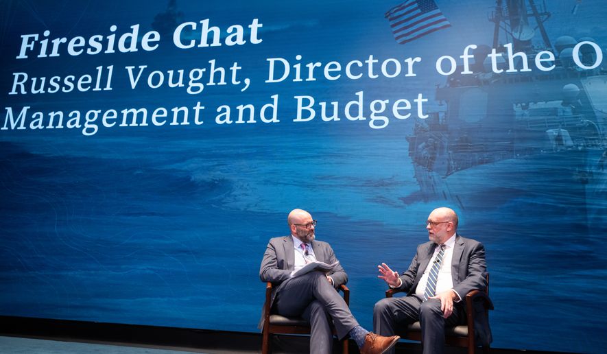 White House Office of Management and Budget Director Russell Vought speaks with Washington Times National Security Editor Guy Taylor during a Times Threat Status event at the U.S. Navy Memorial in Washington, D.C., on June 24, 2026. Photo credit: Eleanor Kaufman, special to The Washington Times.