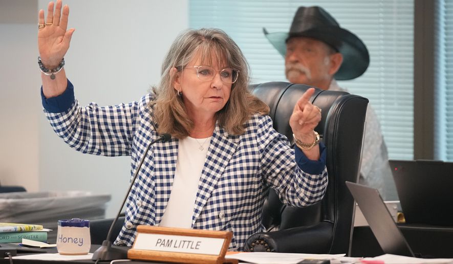 State Board of Education Vice Chair Pam Little votes on a proposed required reading list during a meeting on social studies standards at the Barbara Jordan Building in Austin on Tuesday, June 23, 2026. (Jay Janner /Austin American-Statesman via AP)