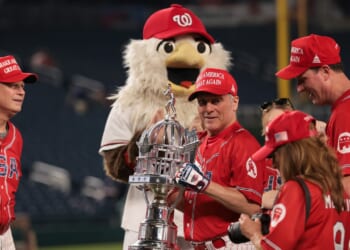 Rep. Steve Scalise, R-Ls., (C) and other congressional Republicans hold a baseball trophy