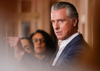 California Gov. Gavin Newsom speaks alongside local and state leaders during a press conference announcing new funding for communities across the state to address homelessness and mental health in Hayward, California Monday, March 2, 2026. The recent election is fueling calls for passage of the SAVE America Act. (Photo by Jessica Christian/San Francisco Chronicle via Getty Images)