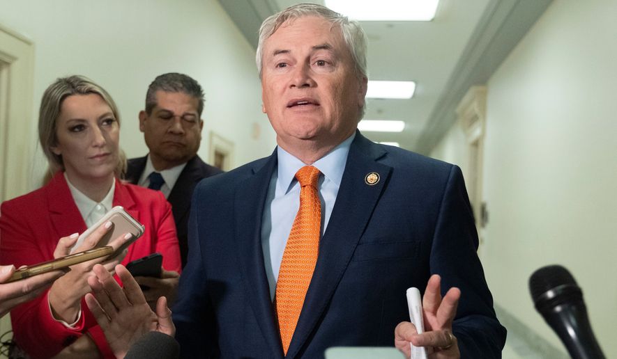 James Comer, R-Ky., House Oversight and Government Reform Committee Chairman, speaks to reporters before the start of the deposition of former Attorney General Pam Bondi at the Rayburn House Office Building on Capitol Hill, Friday, May 29, 2026, in Washington. (AP Photo/Manuel Ceneta)