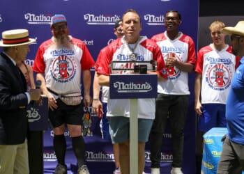 Joey Chestnut scarfs down most July Fourth hot dogs again