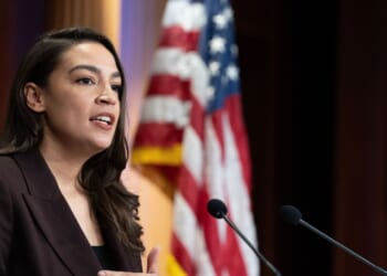 Rep. Alexandria Ocasio-Cortez speaks at a press conference to announce the Artificial Intelligence Data Center Moratorium Act at the U.S. Capitol on March 25, 2026, in Washington, D.C.