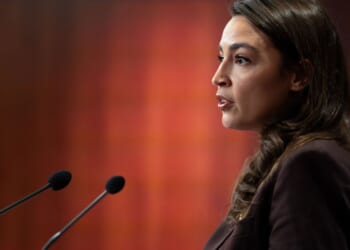 Rep. Alexandria Ocasio-Cortez speaks at a press conference to announce the Artificial Intelligence Data Center Moratorium Act at the U.S. Capitol on March 25, 2026, in Washington, D.C.