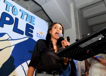 Democratic congressional candidate Melat Kiros speaks to supporters at an election night watch party after winning the Colorado primary on June 30, 2026, in Denver, Colorado.