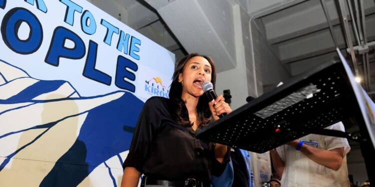 Democratic congressional candidate Melat Kiros speaks to supporters at an election night watch party after winning the Colorado primary on June 30, 2026, in Denver, Colorado.