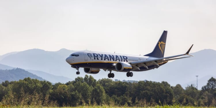 A Boeing 737 MAX 8-200 passenger aircraft, operated by Europe's leading low-cost airline Ryanair, lands at Il Caravaggio International Airport on July 11, 2026, in Orio al Serio, near Bergamo, Italy.