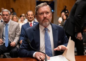 Rep. Thomas Massie prepares to testify during the Senate Homeland Security and Governmental Affairs Committee Second Amendment hearing in the Dirksen Senate Office Building on April 15, 2026, in Washington, D.C.