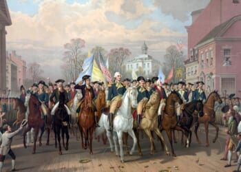 Triumphant George Washington rides through the streets of Boston.
