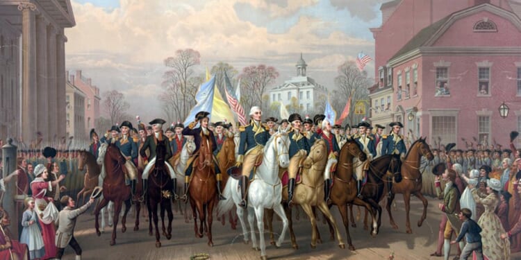 Triumphant George Washington rides through the streets of Boston.