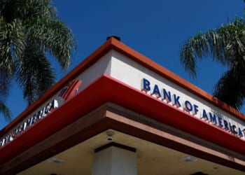 A sign is posted on the exterior of a Bank of America branch office on July 14, 2026, in Los Angeles, California.