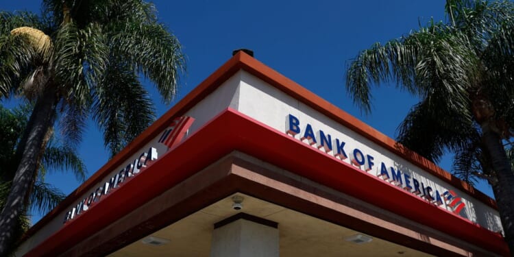 A sign is posted on the exterior of a Bank of America branch office on July 14, 2026, in Los Angeles, California.