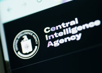 The Central Intelligence Agency’s logo is displayed on a bright screen.