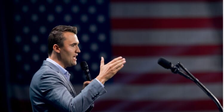 Charlie Kirk, who founded Turning Point USA, speaks before former President Donald Trump's arrival during a Turning Point USA Believers Summit conference at the Palm Beach Convention Center on July 26, 2024, in West Palm Beach, Florida.