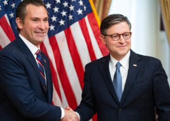 Rep. Matt Van Epps shakes hands with Speaker of the House Mike Johnson. Van Epps says socialism is "antithetical" to the Declaration of Independence.