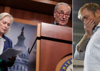 Senate Minority Leader Chuck Schumer and Sen. Kirsten Gillibrand, pictured at left, both New York Democrats, called for Graham Platner, right, to drop out of the Maine Senate race in the wake of sexual assault allegations against Platner.
