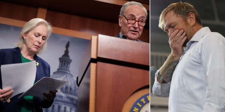 Senate Minority Leader Chuck Schumer and Sen. Kirsten Gillibrand, pictured at left, both New York Democrats, called for Graham Platner, right, to drop out of the Maine Senate race in the wake of sexual assault allegations against Platner.