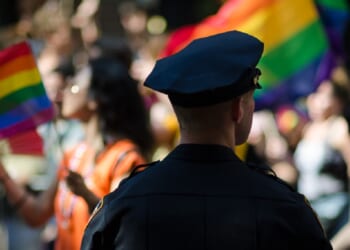 A policeman guards a "pride" parade in New York in a 2017 file photo.