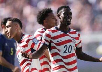 Folarin Balogun of the United States celebrates after scoring a goal which is later disallowed due to an offside during the FIFA World Cup 2026 Round of 32 match between USA and Bosnia and Herzegovina at San Francisco Bay Area Stadium on July 1, 2026, in Santa Clara, California.