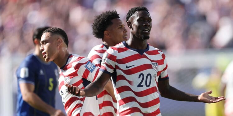 Folarin Balogun of the United States celebrates after scoring a goal which is later disallowed due to an offside during the FIFA World Cup 2026 Round of 32 match between USA and Bosnia and Herzegovina at San Francisco Bay Area Stadium on July 1, 2026, in Santa Clara, California.