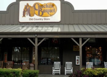 A Cracker Barrel sign featuring the old logo hangs outside of a restaurant on Aug. 27, 2025, in Florida City, Florida.