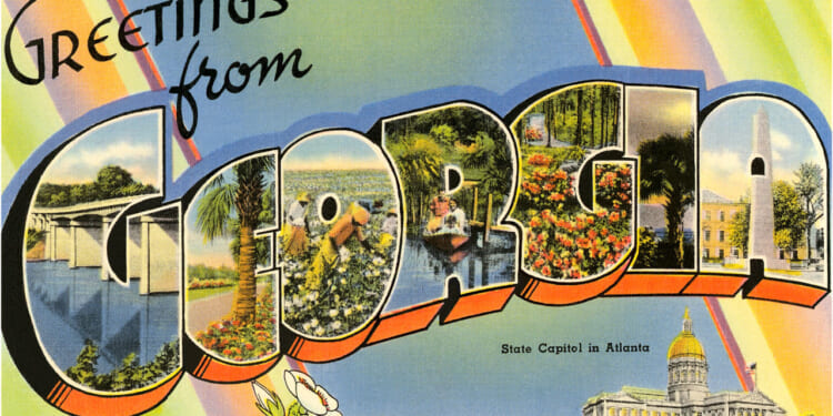 Vintage postcard reading Greetings from Georgia with large letters filled with images of landmarks, flowers, and scenery; features State Capitol in Atlanta and colorful, retro design.