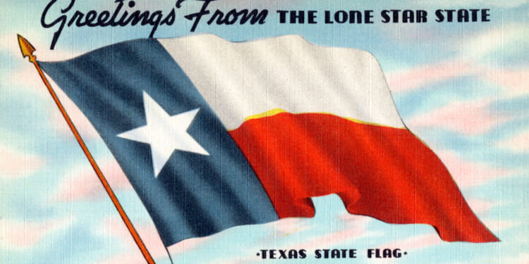 A vintage postcard reads Greetings From The Lone Star State and shows the Texas state flag waving against a sky background. Text at the bottom says Texas State Flag.