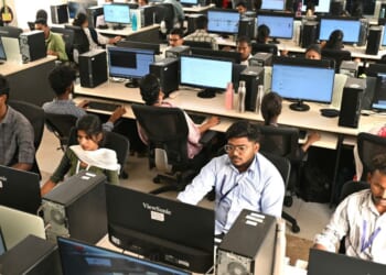 This photograph taken on May 13, 2026, shows engineers annotating data from cameras recording actions through motion capture at AI data company Objectways' office in Tamil Nadu's Karur district.