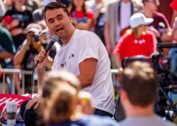Charlie Kirk speaks at Utah Valley University on Sept. 10, 2025, in Orem, Utah.