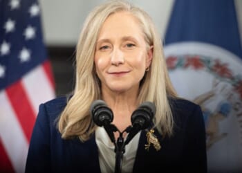 Virginia Governor Abigail Spanberger speaks to a crowd at her response to President Donald Trump’s State of the Union address in Williamsburg, Virginia on February 24, 2026.