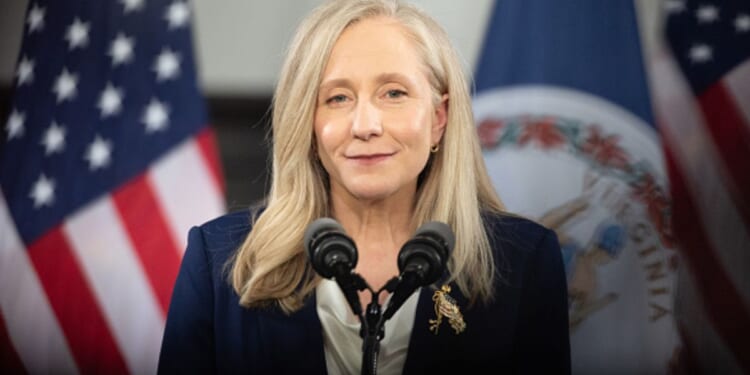 Virginia Governor Abigail Spanberger speaks to a crowd at her response to President Donald Trump’s State of the Union address in Williamsburg, Virginia on February 24, 2026.