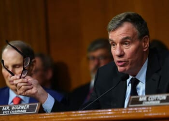 Sen. Mark Warner speaks at the confirmation hearing for Jay Clayton before the Senate Intelligence Committee during his nomination hearing on July 15, 2026, in Washington, D.C.