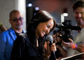 Democratic congressional candidate Melat Kiros speaks to supporters at an election night watch party after winning the Colorado primary on June 30, 2026, in Denver, Colorado.
