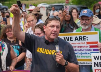 Troy Jackson, a Democratic candidate for U.S. Senate, speaks during a demonstration outside of a federal immigration office after a man was fatally shot by U.S. Immigration and Customs Enforcement agents, on July 14, 2026, in Scarborough, Maine.