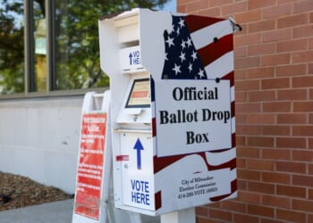 An official ballot drop box in front of the Washington Park Library on July 14, 2026, in Milwaukee, Wisconsin.