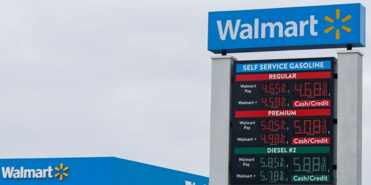 Gas prices seen at a Walmart gas station in front of a Walmart Super Center on June 29, 2026, in Lakewood, California.