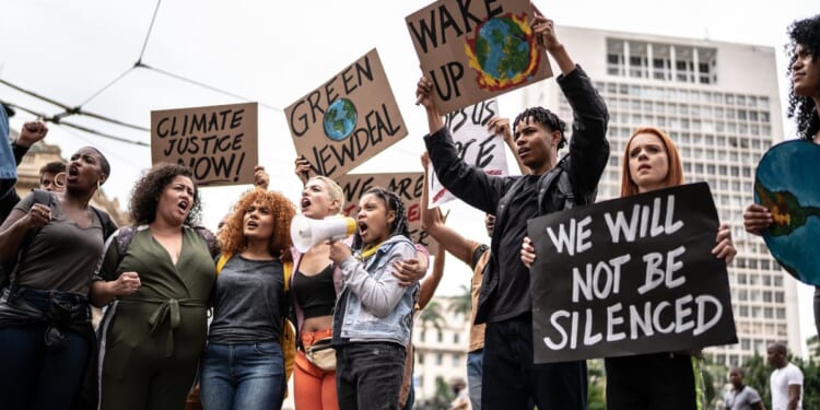 Protesters holding signs during a demonstration for environmentalism.