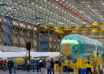 A Boeing 737 MAX 10 fuselage is pictured during the opening ceremony for the company's new North Line assembly line, which will produce 737 MAX aircraft, at the Boeing Everett Factory in Everett, Washington, on July 10, 2026.