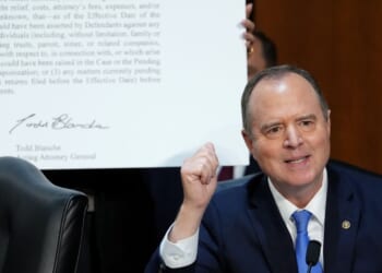 Sen. Adam Schiff speaks during the confirmation hearing for acting Attorney General Todd Blanche in front of the Senate Judiciary Committee on July 15, 2026, in Washington, D.C.