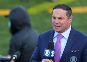 CBS reporter Jay Feely broadcasts during a game between the Buffalo Bills and the Los Angeles Chargers at Bills Stadium on Nov. 29, 2020, in Orchard Park, New York.