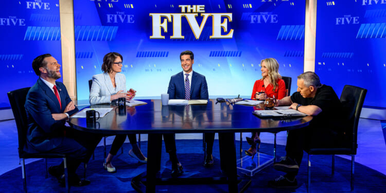 NEW YORK, NEW YORK - JUNE 16: Hosts Jessica Tarlov, Jesse Watters, Dana Perino and Greg Gutfeld with Vice President of the United States JD Vance discusses new his book "Communion: Finding My Way Back to Faith" as he visits "The Five" at Fox News Channel Studios on June 16, 2026 in New York City. (Photo by Roy Rochlin/Getty Images)