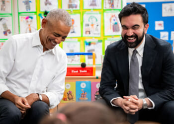 NEW YORK, NEW YORK - APRIL 18: Former President Barack Obama and Mayor Zohran Mamdani laugh together while visiting Learning Through Play Pre-K on April 18, 2026 in the Bronx borough of New York City. (Photo by Angelina Katsanis - Pool/Getty Images)