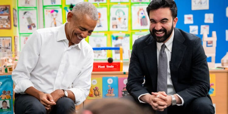 NEW YORK, NEW YORK - APRIL 18: Former President Barack Obama and Mayor Zohran Mamdani laugh together while visiting Learning Through Play Pre-K on April 18, 2026 in the Bronx borough of New York City. (Photo by Angelina Katsanis - Pool/Getty Images)