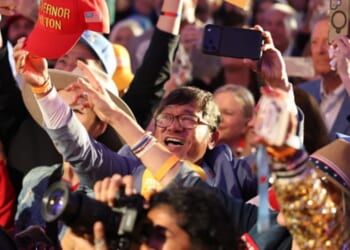 A rally crowd for Steven Hilton's gubernatorial race in California gather in Los Angeles, California on June 2, 2026.
