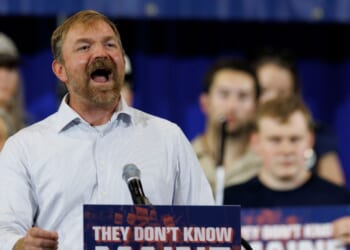 Democratic U.S. Senate candidate Graham Platner speaks at his primary election event on June 9, 2026, in Blue Hill, Maine.