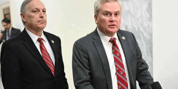 (L/R) House Oversight Committee chairman Rep. James Comer (R), Republican from Kentucky, and Rep. Andy Biggs (L), Republican from Arizona, speak to reporters after a House Oversight Committee closed-door virtual deposition with Ghislaine Maxwell on Capitol Hill in Washington, DC, on February 9, 2026. Jeffrey Epstein's accomplice Ghislaine Maxwell will be questioned behind closed doors by the US Congress on Monday, though she's expected to invoke her right to not answer questions. Maxwell, currently serving 20 years in prison for trafficking girls to the disgraced financier Epstein, will face questions from prison via video-link, in a deposition by the House of Representatives' Oversight Committee. (Photo by ANDREW CABALLERO-REYNOLDS / AFP via Getty Images)