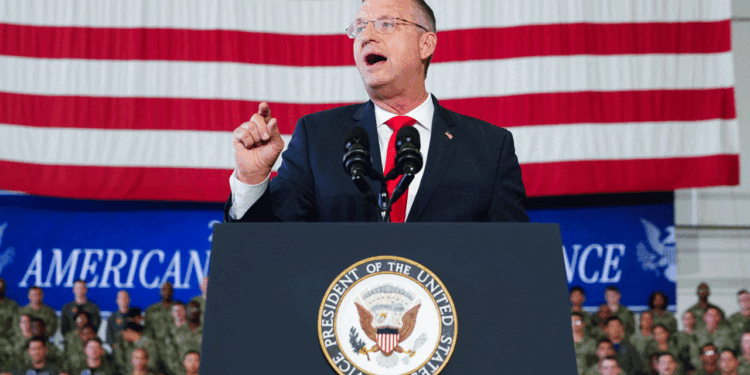 Secretary og Veterans Affairs Doug Collins speaks before Vice President JD Vance during an event marking 250 years of the American military at Naval Air Station Oceana in Virginia Beach, Virginia, on July 1, 2026. (Ken Cedeno/AFP via Getty Images)