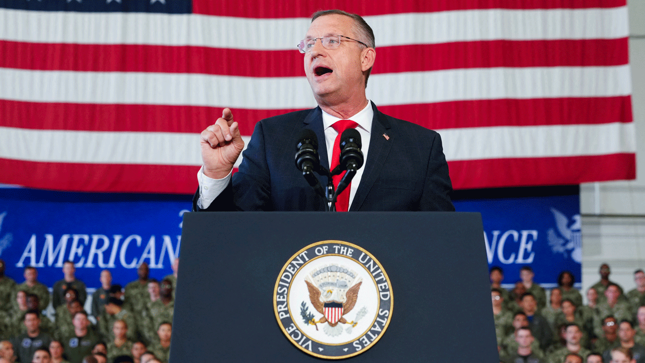 Secretary og Veterans Affairs Doug Collins speaks before Vice President JD Vance during an event marking 250 years of the American military at Naval Air Station Oceana in Virginia Beach, Virginia, on July 1, 2026. (Ken Cedeno/AFP via Getty Images)