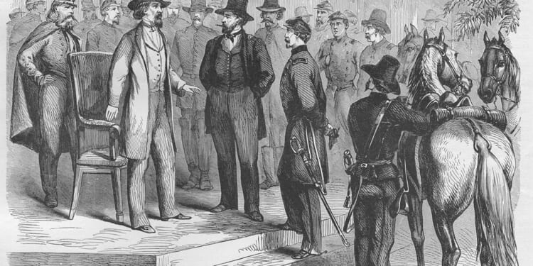 Grant Accepts the Surrender of General Pemberton at Vicksburg at the Stone House, Vicksburg, Virginia, July 4, 1863. From an issue of Frank Leslie's Illustrated Almanac. (Buyenlarge/Getty Images)