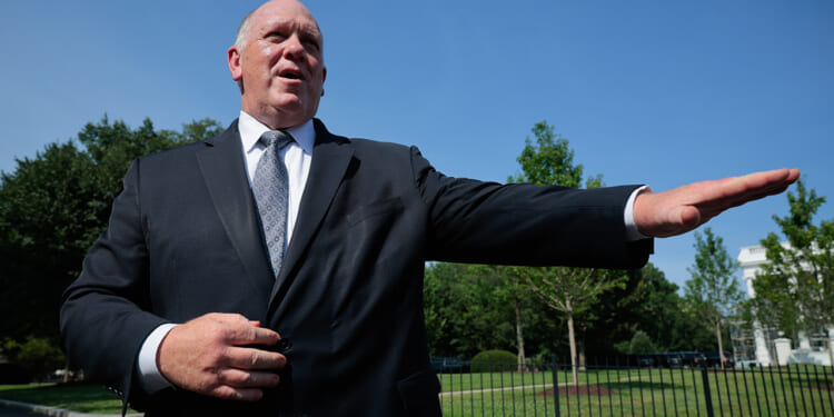 A man in a dark suit stands outdoors, gesturing with his right arm extended to the side, with green trees and a blue sky in the background.